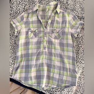Old Navy top Green and Blue Plaid Linen-Blend Women’s Shirt size M